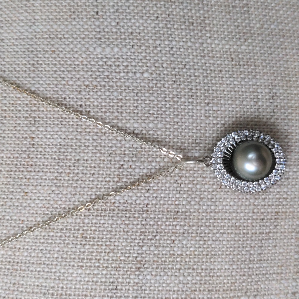 New Tahitian Pearl Sterling Silver Pendant Necklace, CZ Halo Platinum Hue, 18"